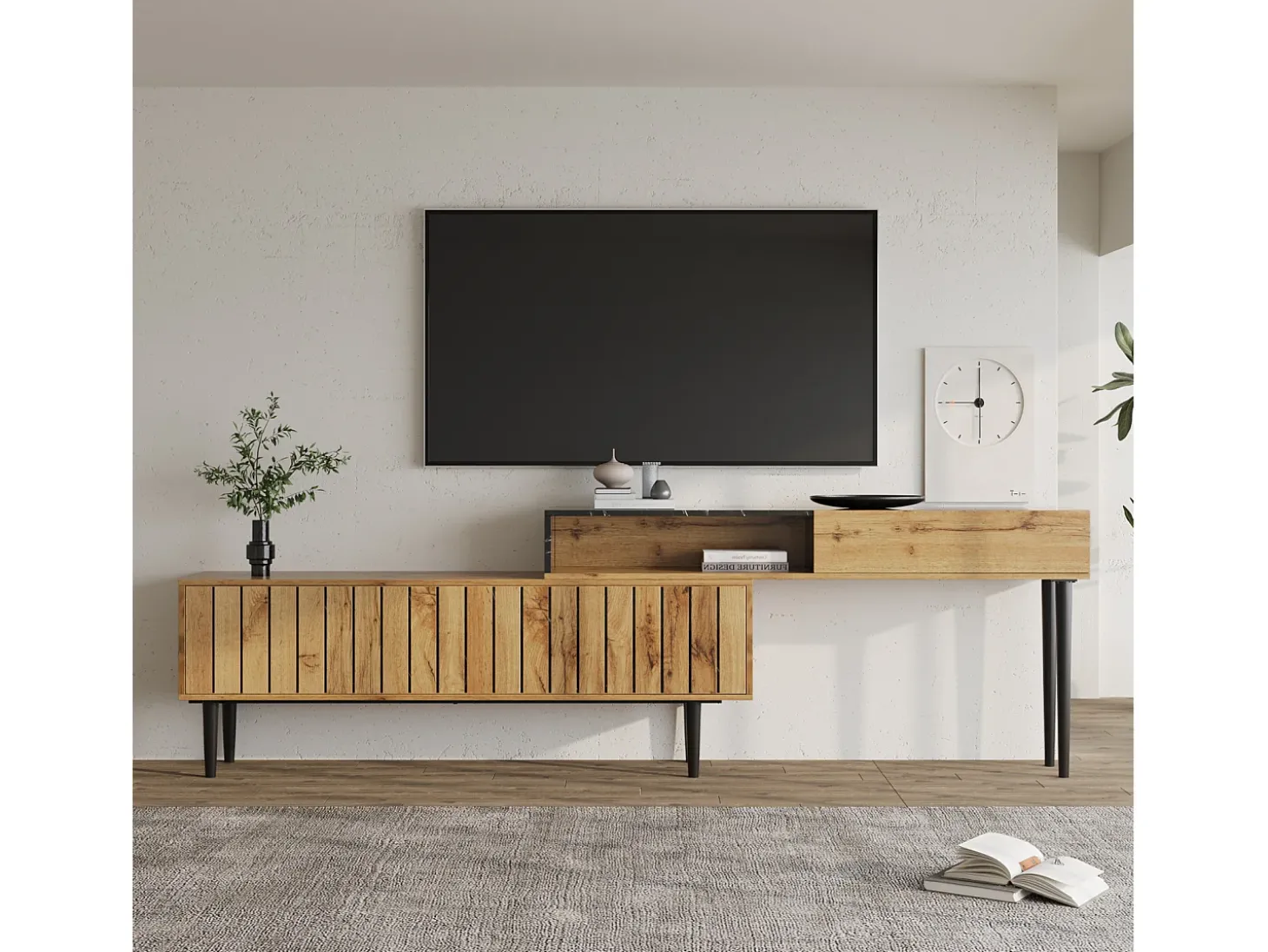 Suporte de TV com design em mármore e veios de madeira, pés de ferro, 180 x 36,5 x 58 cm, madeira escura