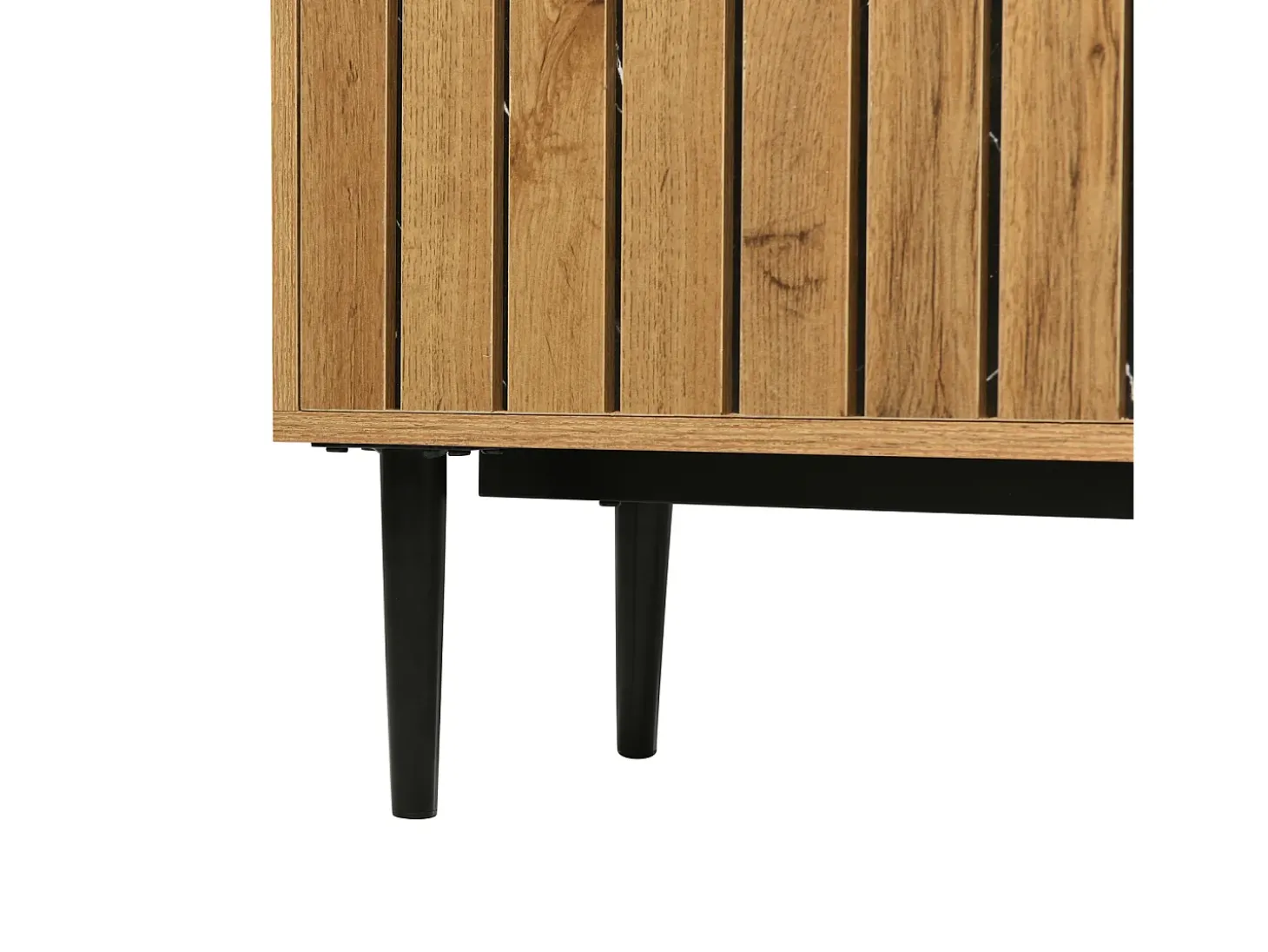 Suporte de TV com design em mármore e veios de madeira, pés de ferro, 180 x 36,5 x 58 cm, madeira escura
