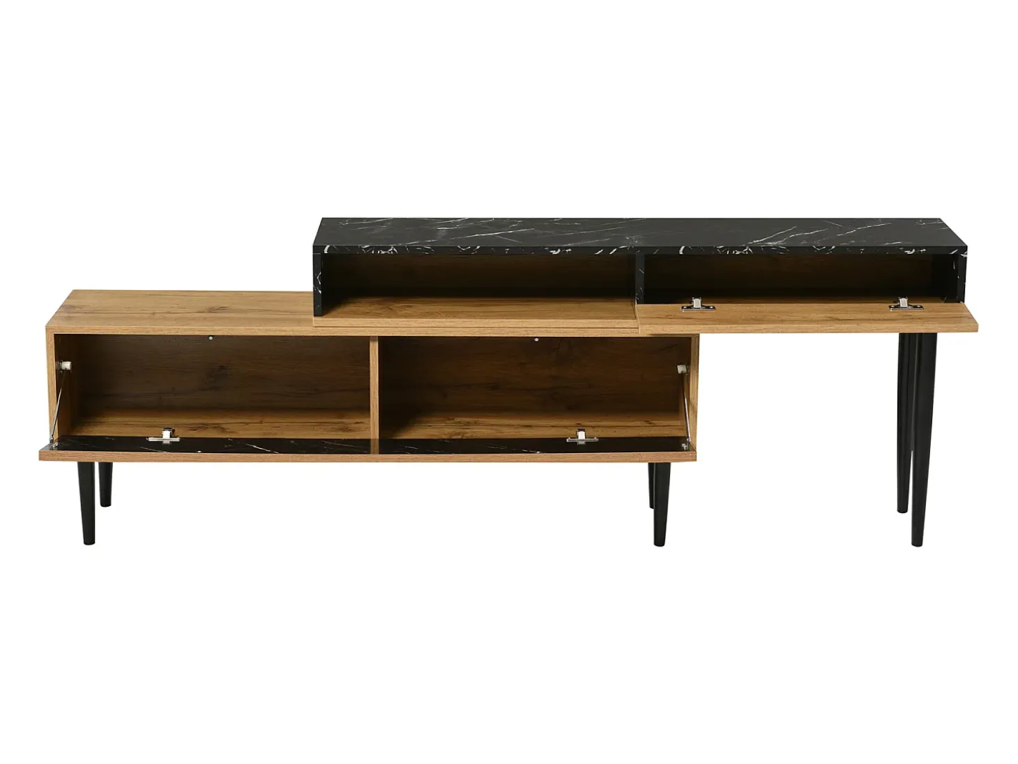 Suporte de TV com design em mármore e veios de madeira, pés de ferro, 180 x 36,5 x 58 cm, madeira escura