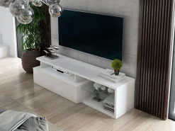 Suporte de TV Dabaka, Aparador deSala de estar, armário baixo para TV, base de parede equipada, 160x38h41 cm, branco e branco brilhante