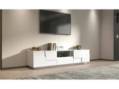 Suporte de TV Dcortinovi, CredenzBaixa para sala de estar com 4 portas e 1 gaveta, Base de suporte para TV, 220x44h46 cm, Branco brilhante