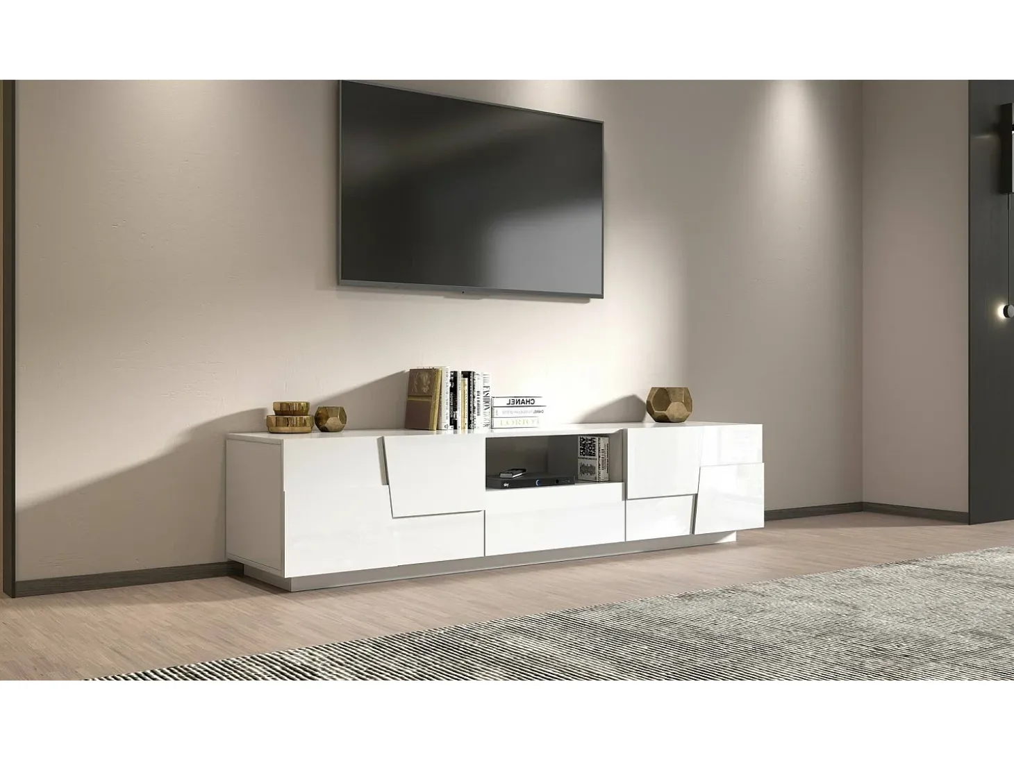 Suporte de TV Dcortinovi, CredenzBaixa para sala de estar com 4 portas e 1 gaveta, Base de suporte para TV, 220x44h46 cm, Branco brilhante