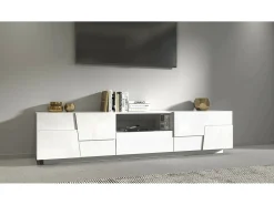Suporte de TV Dcortinovi, CredenzBaixa para sala de estar com 4 portas e 1 gaveta, Base de suporte para TV, 220x44h46 cm, Branco brilhante