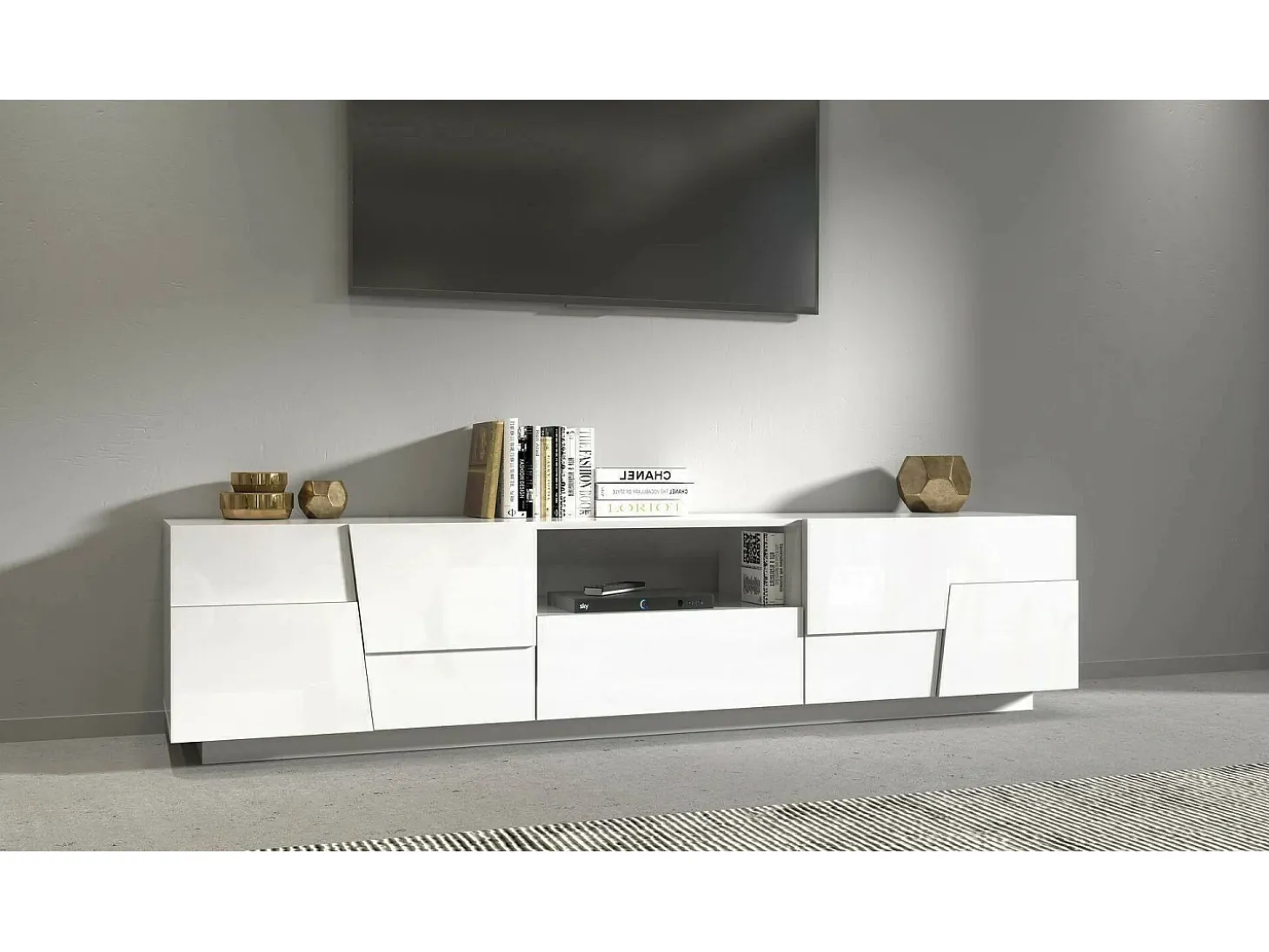 Suporte de TV Dcortinovi, CredenzBaixa para sala de estar com 4 portas e 1 gaveta, Base de suporte para TV, 220x44h46 cm, Branco brilhante