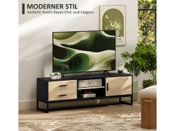 Suporte de TV de madeira com compartimentos abertos e 2 gavetas, para sala de estar ou quarto.