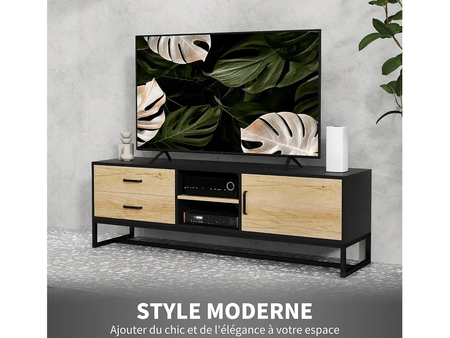 Suporte de TV de madeira com compartimentos abertos e 2 gavetas, para sala de estar ou quarto.