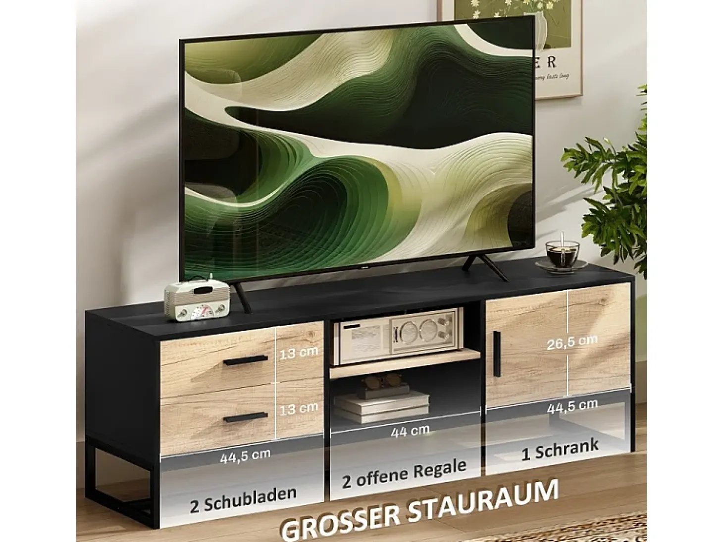 Suporte de TV de madeira com compartimentos abertos e 2 gavetas, para sala de estar ou quarto.