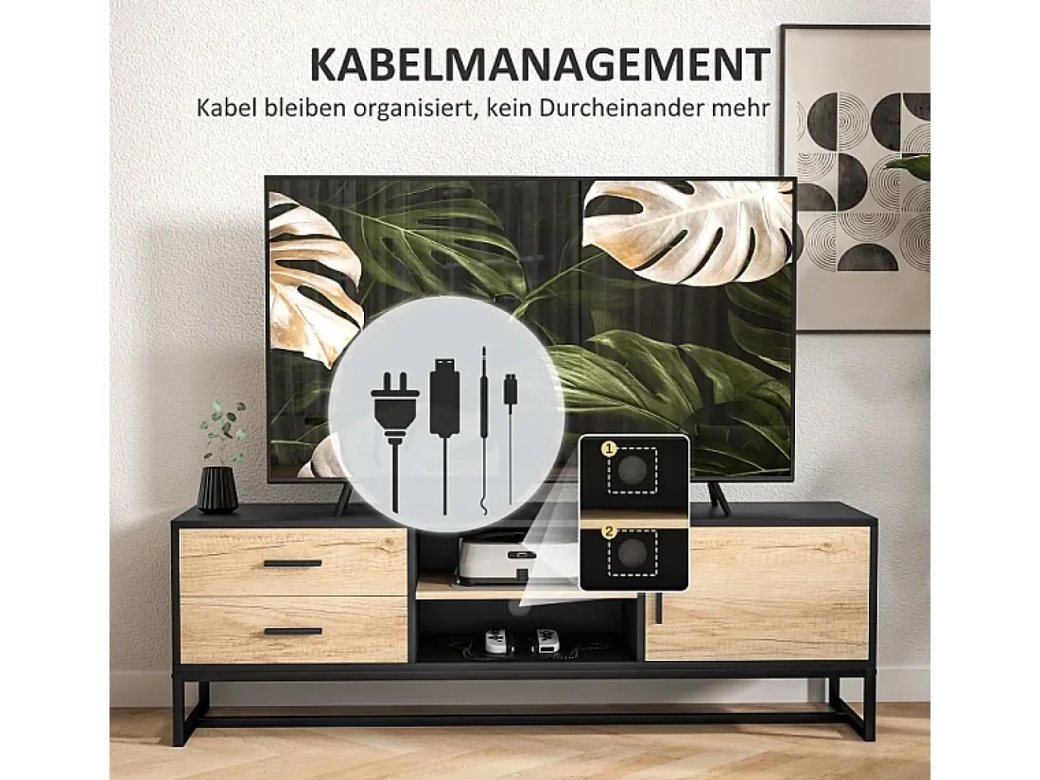 Suporte de TV de madeira com compartimentos abertos e 2 gavetas, para sala de estar ou quarto.