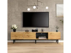 Suporte de TV de madeira com iluminação LED, portas e compartimento de armazenamento, para sala de estar, sala de jantar, quarto, madeira, 180 cm