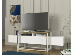 Suporte de TV Dgiacint, Aparador de sala, Armário de TV baixo, Base de parede equipada, 160x46h50 cm, Branco e Dourado