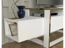 Suporte de TV Dgiacint, Aparador de sala, Armário de TV baixo, Base de parede equipada, 160x46h50 cm, Branco e Dourado