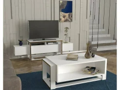 Suporte de TV Dgiacint, Aparador de sala, Armário de TV baixo, Base de parede equipada, 160x46h50 cm, Branco e Dourado
