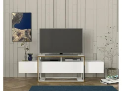 Suporte de TV Dgiacint, Aparador de sala, Armário de TV baixo, Base de parede equipada, 160x46h50 cm, Branco e Dourado