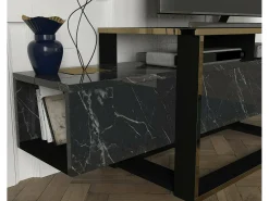 Suporte de TV Dgiacint, Aparador de sala, Armário de TV baixo, Base de parede equipada, 160x46h50 cm, Preto e Dourado
