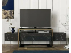 Suporte de TV Dgiacint, Aparador de sala, Armário de TV baixo, Base de parede equipada, 160x46h50 cm, Preto e Dourado