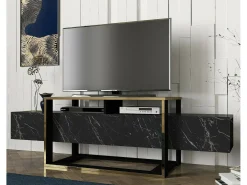 Suporte de TV Dgiacint, Aparador de sala, Armário de TV baixo, Base de parede equipada, 160x46h50 cm, Preto e Dourado