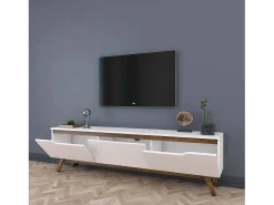 Suporte de TV Dguidoli, Aparador de sala, Armário de TV baixo, Base de parede equipada, 180x35h49 cm, Branco e Nogueira