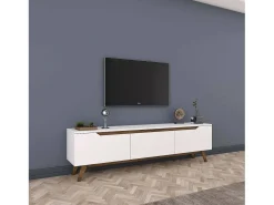 Suporte de TV Dguidoli, Aparador de sala, Armário de TV baixo, Base de parede equipada, 180x35h49 cm, Branco e Nogueira