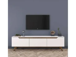 Suporte de TV Dguidoli, Aparador de sala, Armário de TV baixo, Base de parede equipada, 180x35h49 cm, Branco e Nogueira