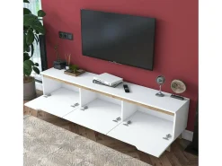 Suporte de TV Dguidoli, Aparador de sala, Armário de TV baixo, Base de parede equipada, 180x35h49 cm, Branco e Nogueira