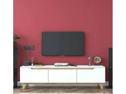Suporte de TV Dguidoli, Aparador de sala, Armário de TV baixo, Base de parede equipada, 180x35h49 cm, Branco e Nogueira
