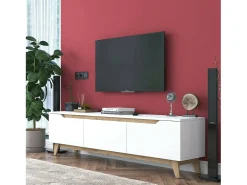 Suporte de TV Dguidoli, Aparador de sala, Armário de TV baixo, Base de parede equipada, 180x35h49 cm, Branco e Nogueira
