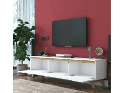 Suporte de TV Dguidoli, Aparador de sala, Armário de TV baixo, Base de parede equipada, 180x35h49 cm, Branco e Nogueira