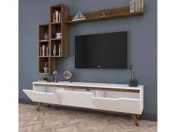 Suporte de TV Dleonard, CreDenza de sala de estar, armário baixo para TV, base de parede equipada, 180x35h49 cm, branco e nogueira