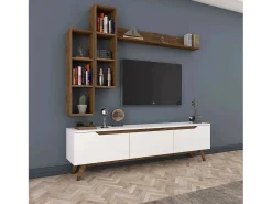Suporte de TV Dleonard, CreDenza de sala de estar, armário baixo para TV, base de parede equipada, 180x35h49 cm, branco e nogueira