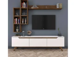 Suporte de TV Dleonard, CreDenza de sala de estar, armário baixo para TV, base de parede equipada, 180x35h49 cm, branco e nogueira