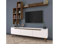 Suporte de TV Dleonard, CreDenza de sala de estar, armário baixo para TV, base de parede equipada, 180x35h49 cm, branco e nogueira