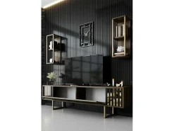 Suporte de TV Dliveran, Aparador de sala, Armário de TV baixo, Base de parede equipada, 180x30h48 cm, Nogueira e Preto
