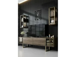 Suporte de TV Dliveran, Aparador de sala, Armário de TV baixo, Base de parede equipada, 180x30h48 cm, Nogueira e Preto
