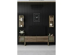 Suporte de TV Dliveran, Aparador de sala, Armário de TV baixo, Base de parede equipada, 180x30h48 cm, Nogueira e Preto