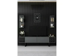Suporte de TV Dmiggian, Aparador de sala, Armário de TV baixo, Base de parede equipada, 180x30h48 cm, Antracite e Preto