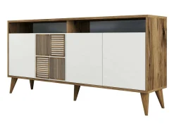Suporte de TV DpIccion, Aparador de sala, Armário de TV baixo, Base de parede equipada, 160x35 h79 cm, Nogueira e Branco