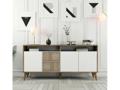 Suporte de TV DpIccion, Aparador de sala, Armário de TV baixo, Base de parede equipada, 160x35 h79 cm, Nogueira e Branco