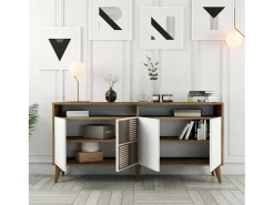 Suporte de TV DpIccion, Aparador de sala, Armário de TV baixo, Base de parede equipada, 160x35 h79 cm, Nogueira e Branco