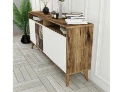 Suporte de TV DpIccion, Aparador de sala, Armário de TV baixo, Base de parede equipada, 160x35 h79 cm, Nogueira e Branco