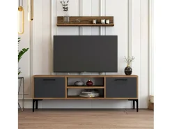 Suporte de TV Dpiston, Aparador de sala, Armário baixo peR TV, Base de parede equipada, 140x30h48 cm, Noz e Antracite