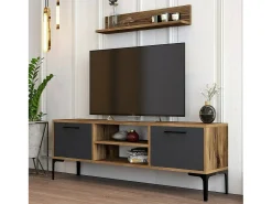 Suporte de TV Dpiston, Aparador de sala, Armário baixo peR TV, Base de parede equipada, 140x30h48 cm, Noz e Antracite