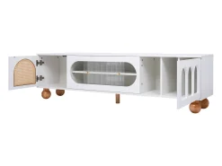 Suporte de TV elegante, portas de correr de vidro, áreas arqueadas abertas, pernas de madeira maciça, branco