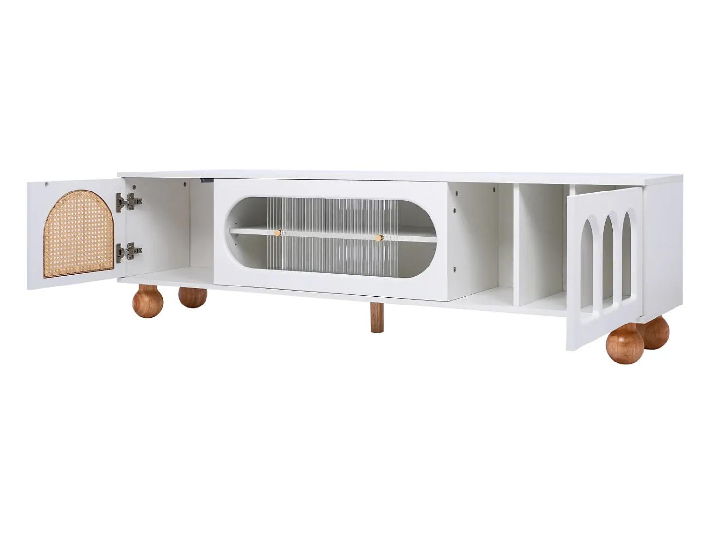 Suporte de TV elegante, portas de correr de vidro, áreas arqueadas abertas, pernas de madeira maciça, branco