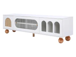 Suporte de TV elegante, portas de correr de vidro, áreas arqueadas abertas, pernas de madeira maciça, branco