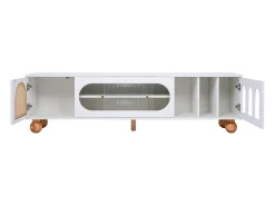 Suporte de TV elegante, portas de correr de vidro, áreas arqueadas abertas, pernas de madeira maciça, branco