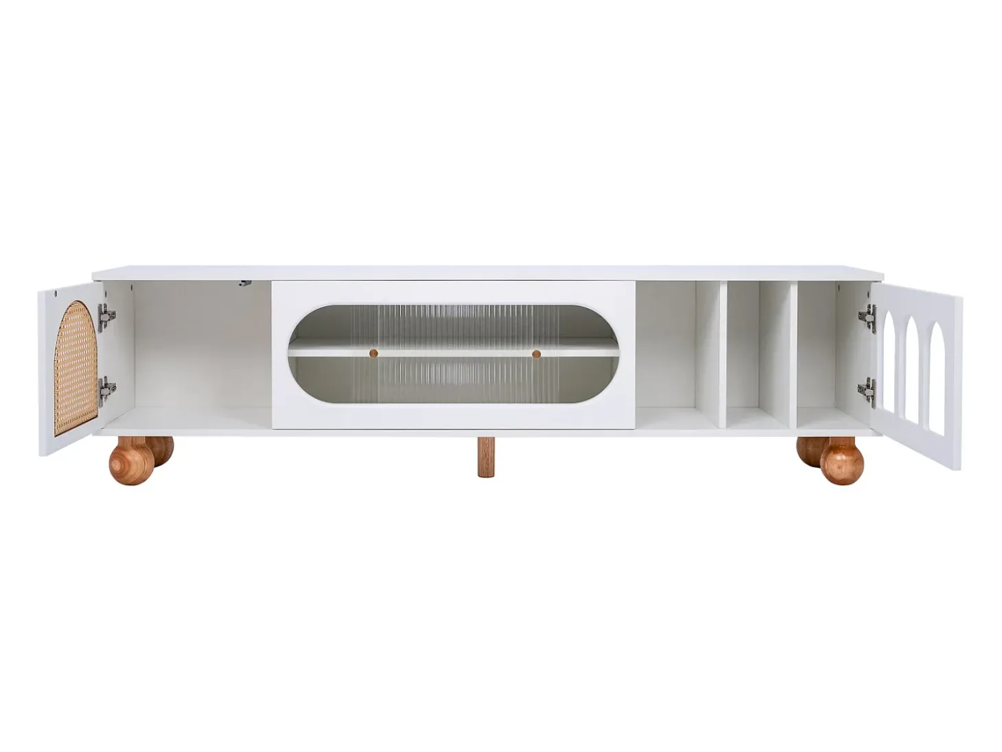 Suporte de TV elegante, portas de correr de vidro, áreas arqueadas abertas, pernas de madeira maciça, branco