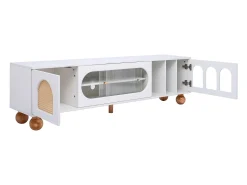 Suporte de TV elegante, portas de correr de vidro, áreas arqueadas abertas, pernas de madeira maciça, branco