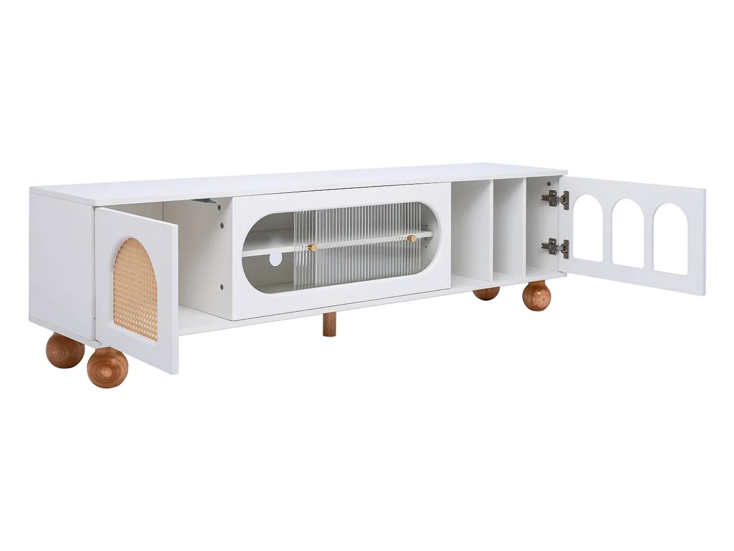 Suporte de TV elegante, portas de correr de vidro, áreas arqueadas abertas, pernas de madeira maciça, branco