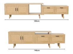 Suporte de TV extensível de 146 a 180 cm, com 2 gavetas, 2 portas e espaço de armazenamento, ideal para sala de estar ou quarto. Fabricado em madeira.