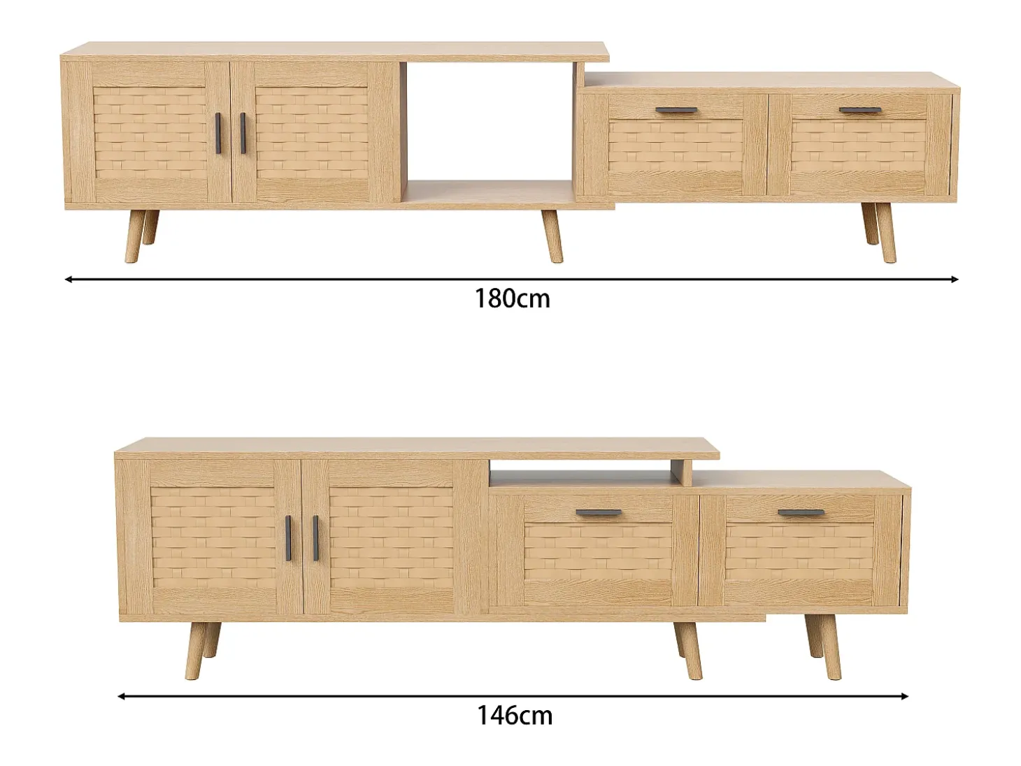 Suporte de TV extensível de 146 a 180 cm, com 2 gavetas, 2 portas e espaço de armazenamento, ideal para sala de estar ou quarto. Fabricado em madeira.